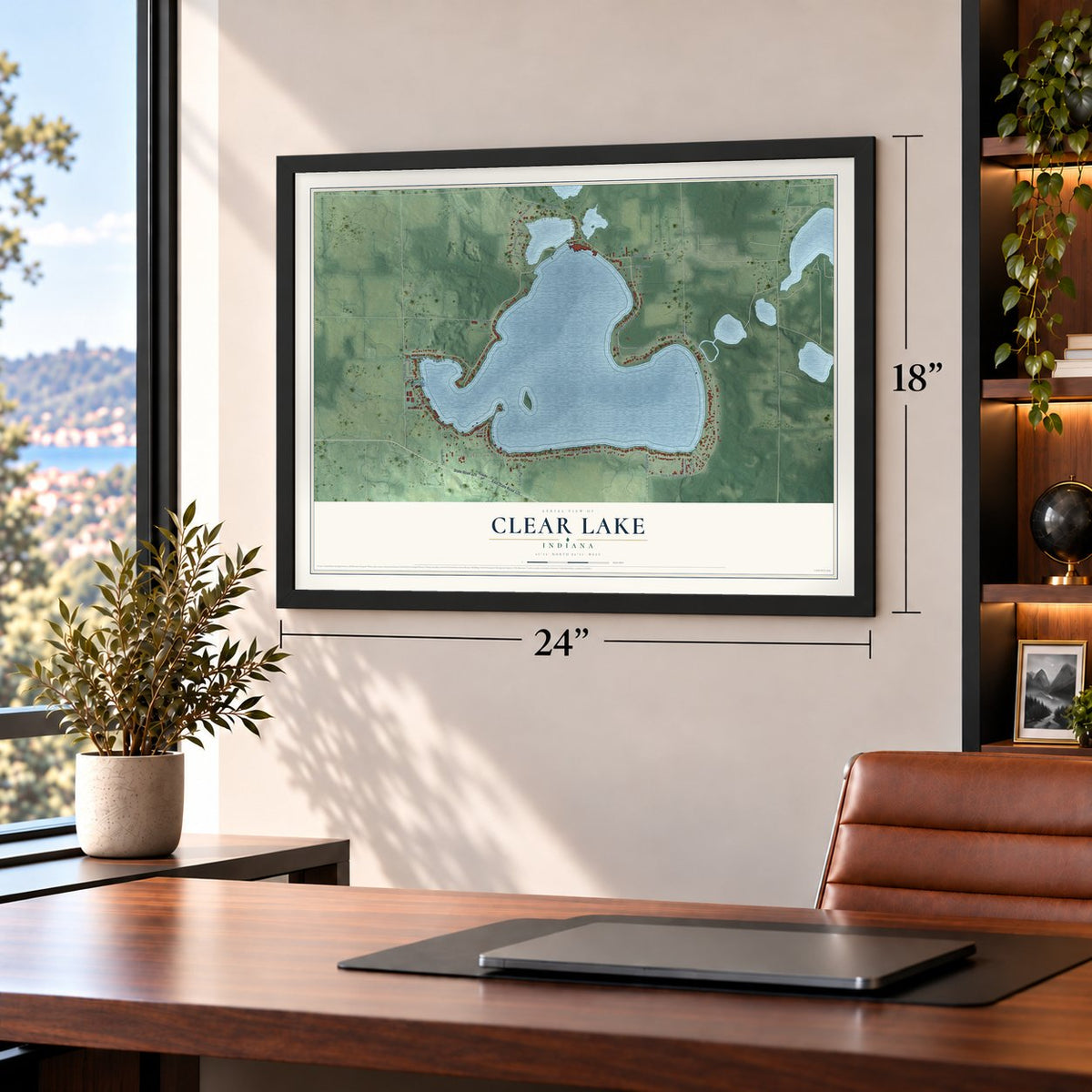 Clear Lake, Indiana map, 18 x 24 inch print in a black frame in a home office