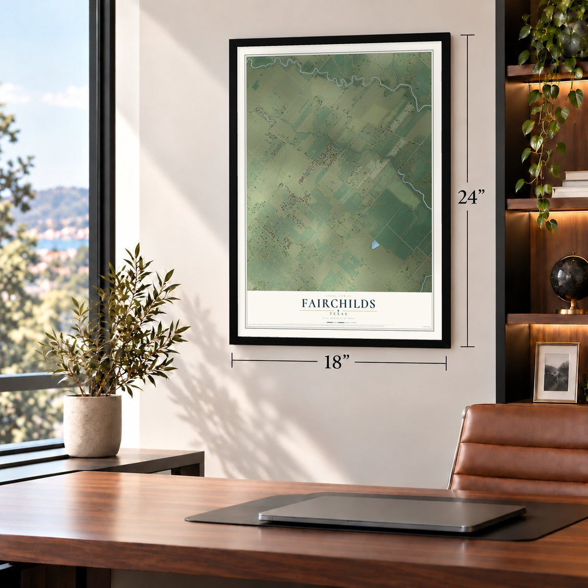 Fairchilds, Texas map, 18 x 24 inch print in a black frame in a home office