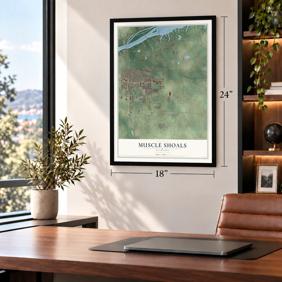 Muscle Shoals, Alabama map, 18 x 24 inch print in a black frame in a home office