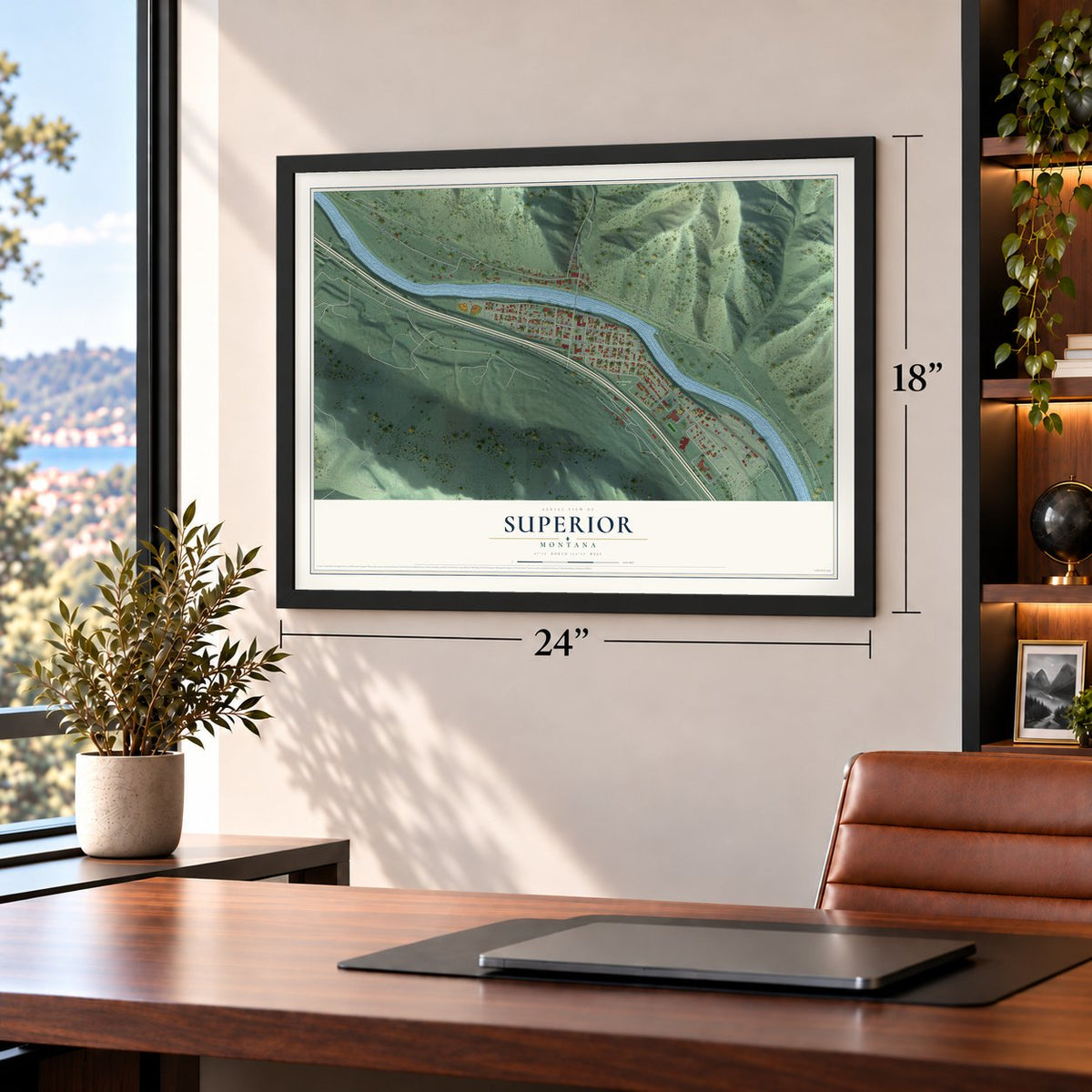 Superior, Montana map, 18 x 24 inch print in a black frame in a home office