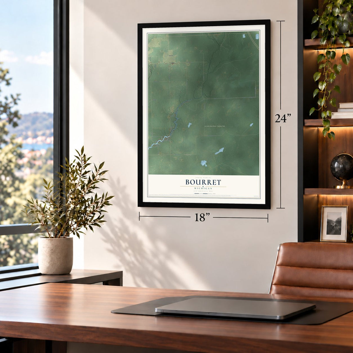 Bourret, Michigan map, 18 x 24 inch print in a black frame in a home office