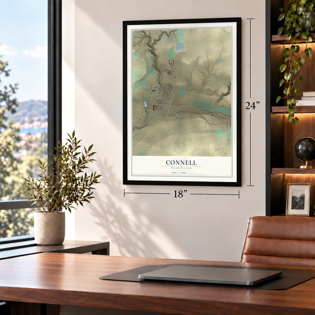 Connell, Washington map, 18 x 24 inch print in a black frame in a home office