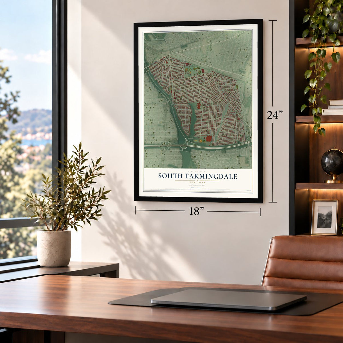 South Farmingdale, New York map, 18 x 24 inch print in a black frame in a home office