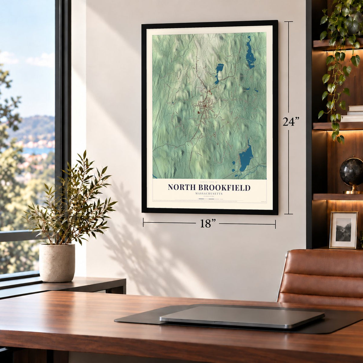 North Brookfield, Massachusetts map, 18 x 24 inch print in a black frame in a home office