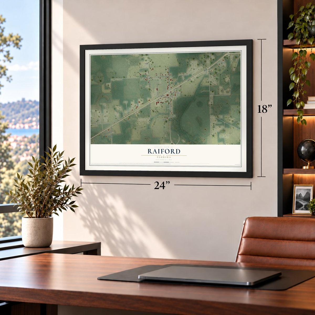 Raiford, Florida map, 18 x 24 inch print in a black frame in a home office