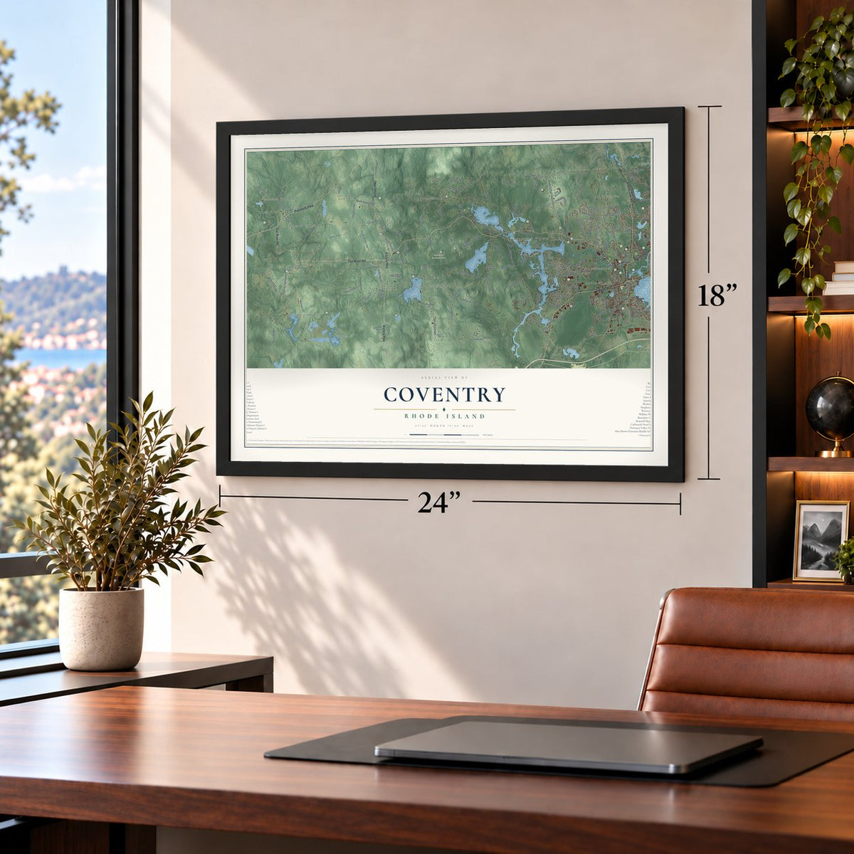 Coventry, Rhode Island map, 18 x 24 inch print in a black frame in a home office