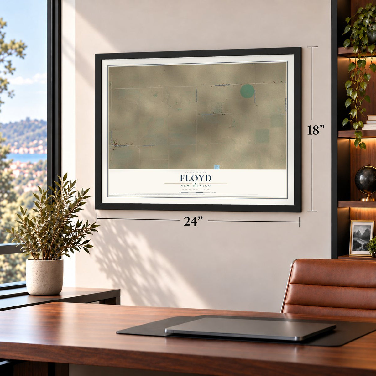 Floyd, New Mexico map, 18 x 24 inch print in a black frame in a home office