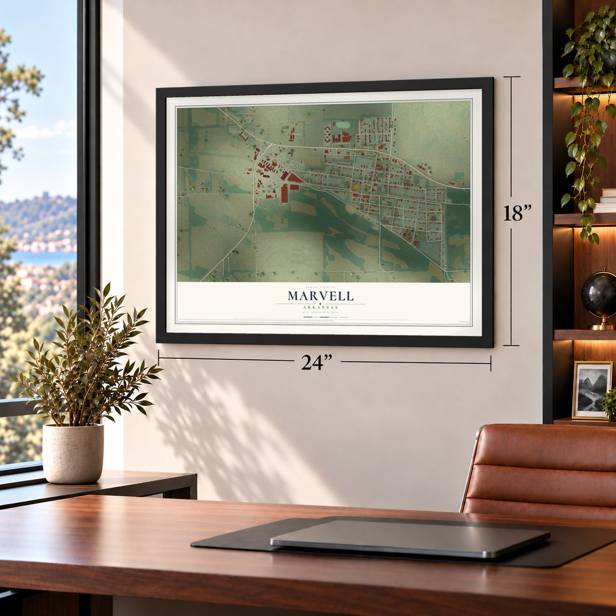 Marvell, Arkansas map, 18 x 24 inch print in a black frame in a home office