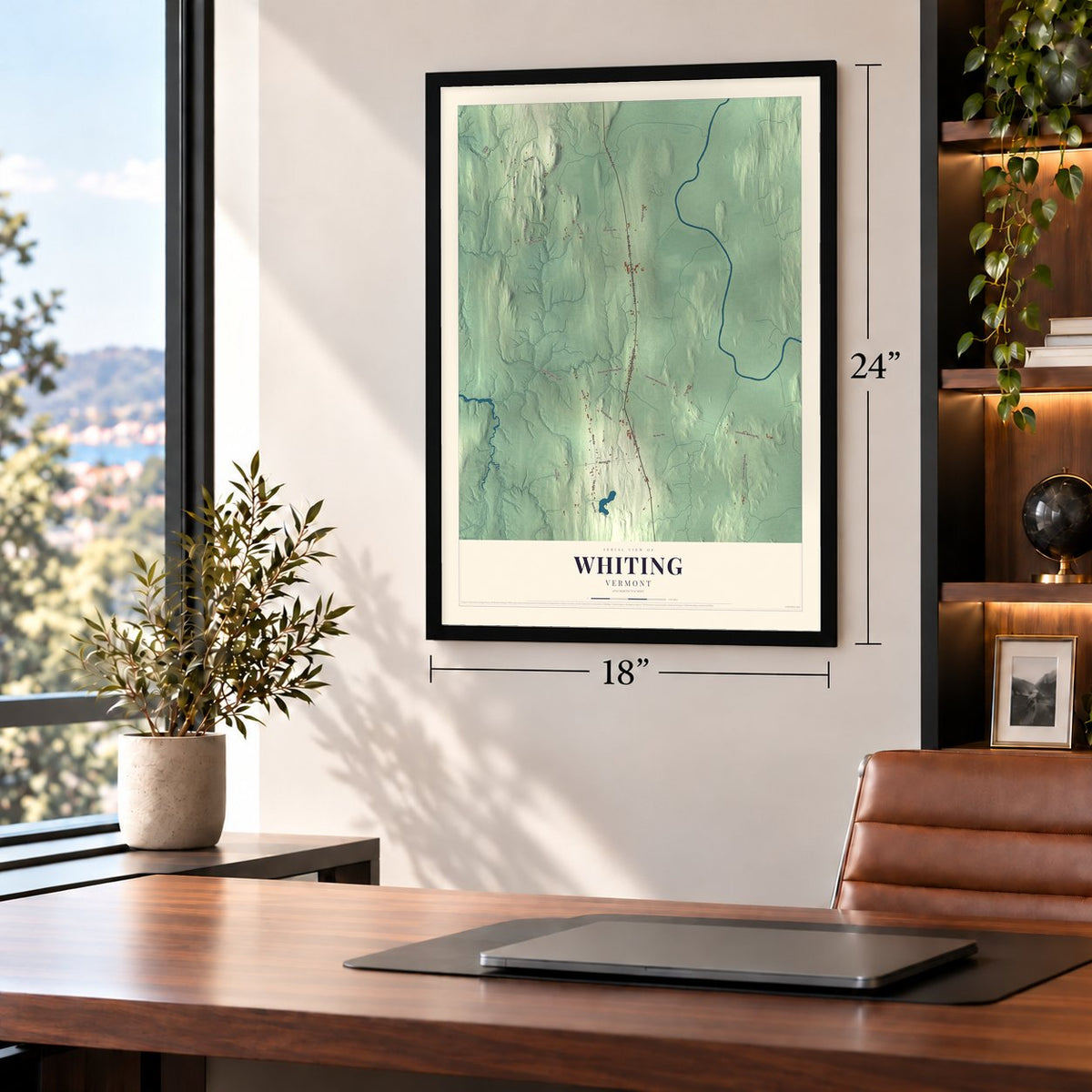 Whiting, Vermont map, 18 x 24 inch print in a black frame in a home office