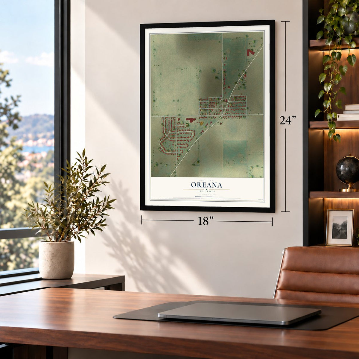 Oreana, Illinois map, 18 x 24 inch print in a black frame in a home office