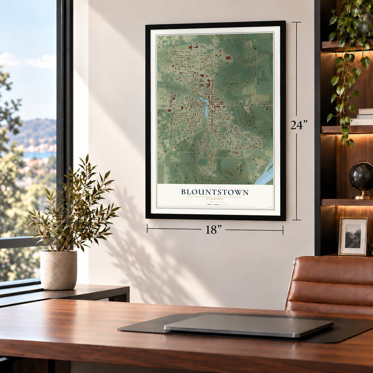 Blountstown, Florida map, 18 x 24 inch print in a black frame in a home office