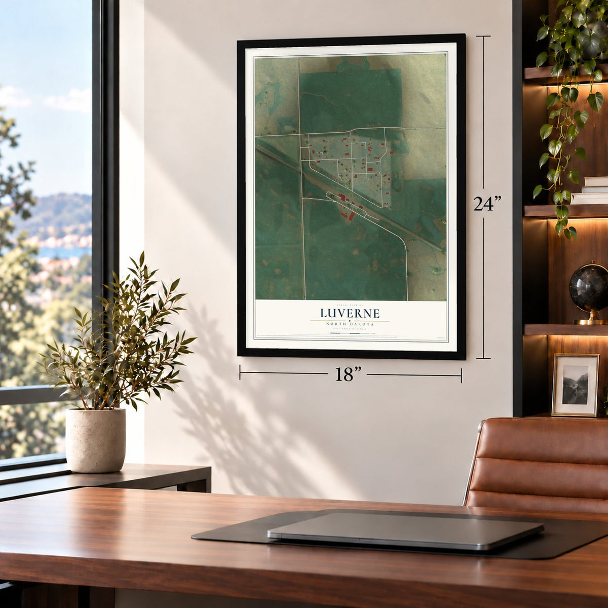 Luverne, North Dakota map, 18 x 24 inch print in a black frame in a home office