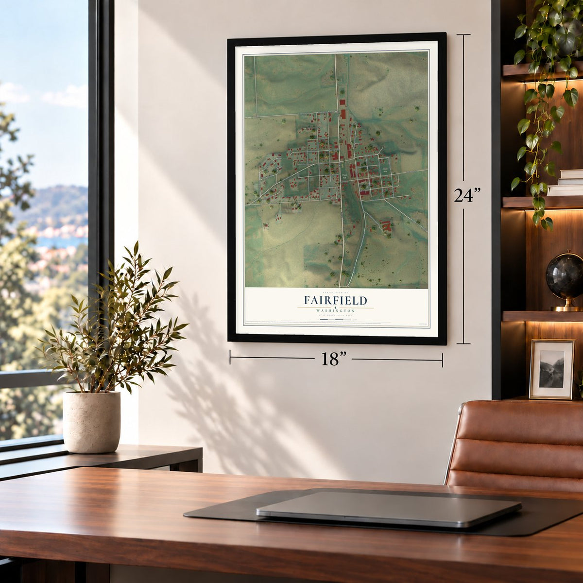 Fairfield, Washington map, 18 x 24 inch print in a black frame in a home office