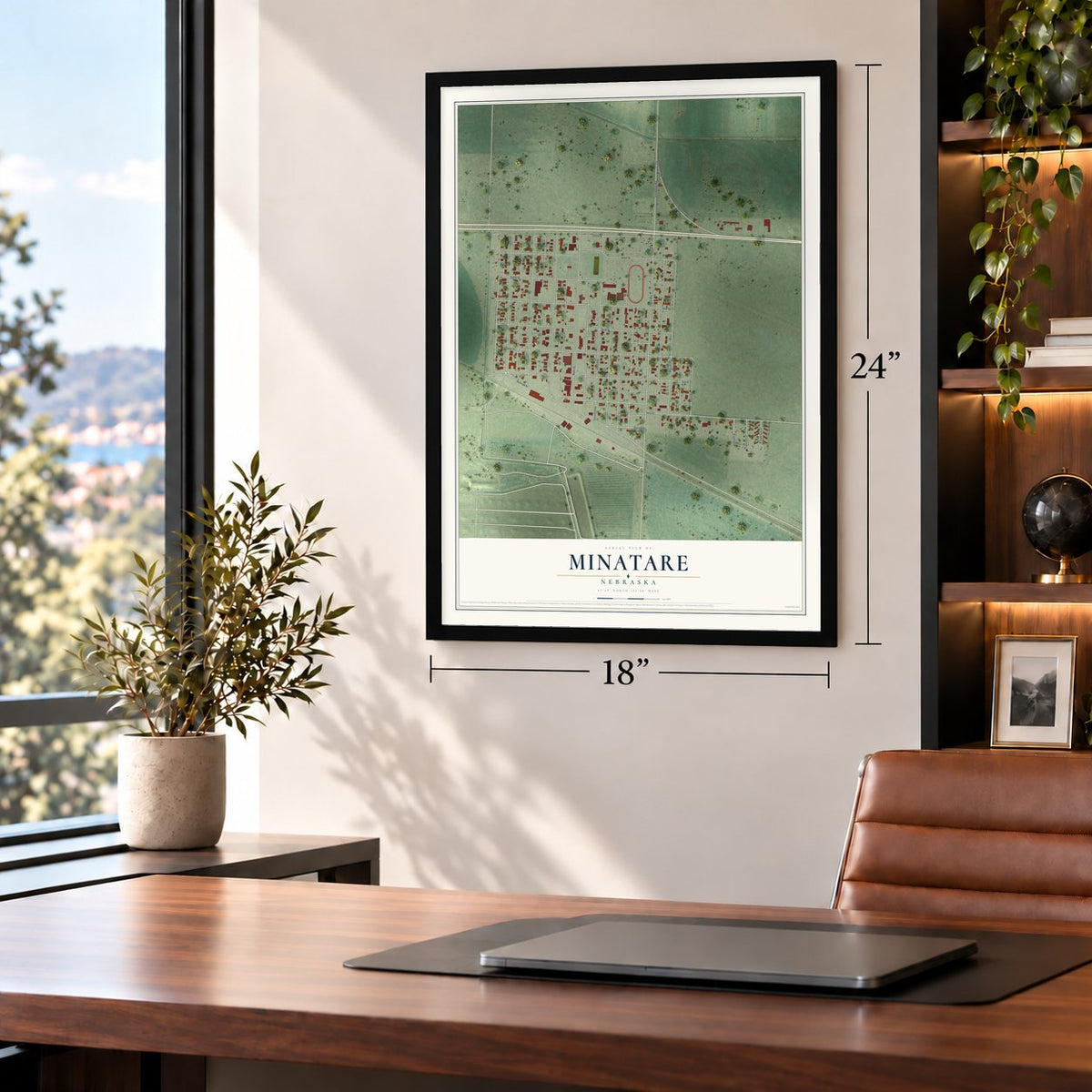 Minatare, Nebraska map, 18 x 24 inch print in a black frame in a home office