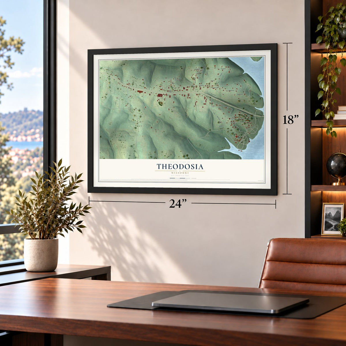 Theodosia, Missouri map, 18 x 24 inch print in a black frame in a home office