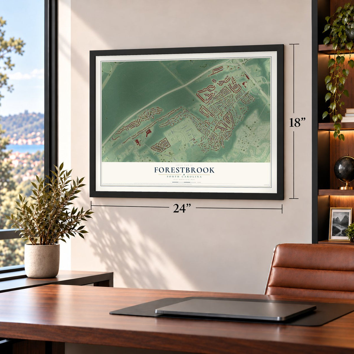 Forestbrook, South Carolina map, 18 x 24 inch print in a black frame in a home office