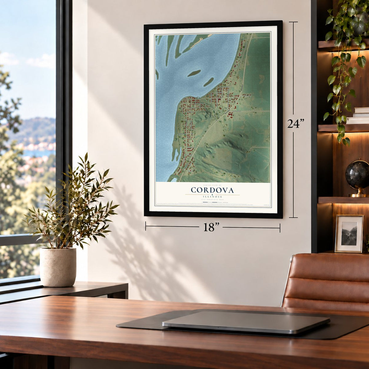 Cordova, Illinois map, 18 x 24 inch print in a black frame in a home office
