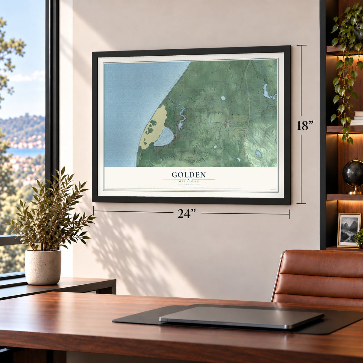 Golden, Michigan map, 18 x 24 inch print in a black frame in a home office
