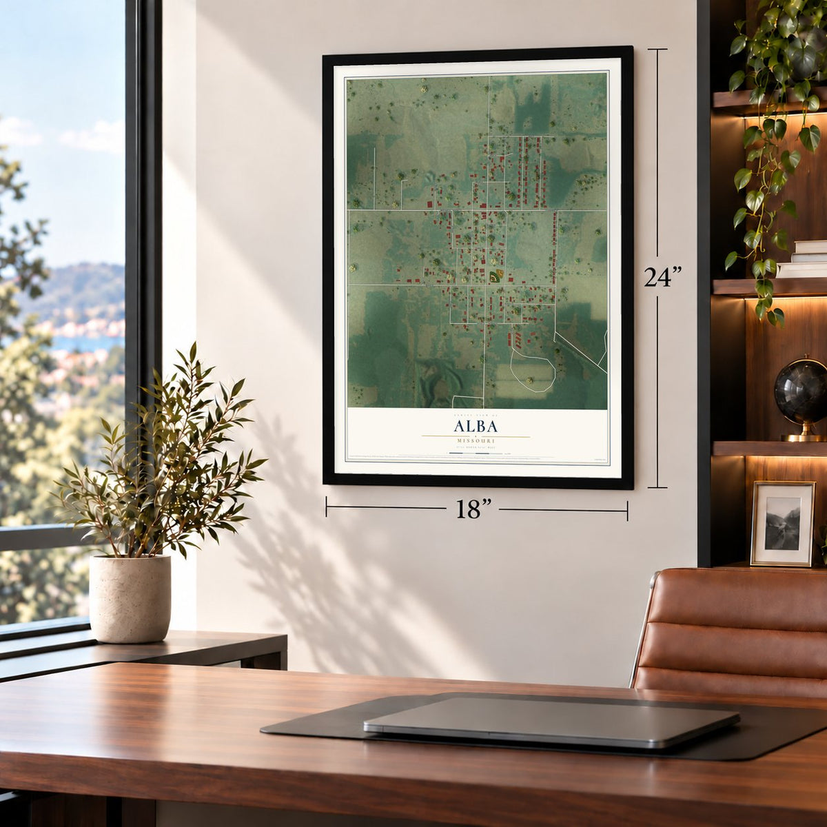 Alba, Missouri map, 18 x 24 inch print in a black frame in a home office
