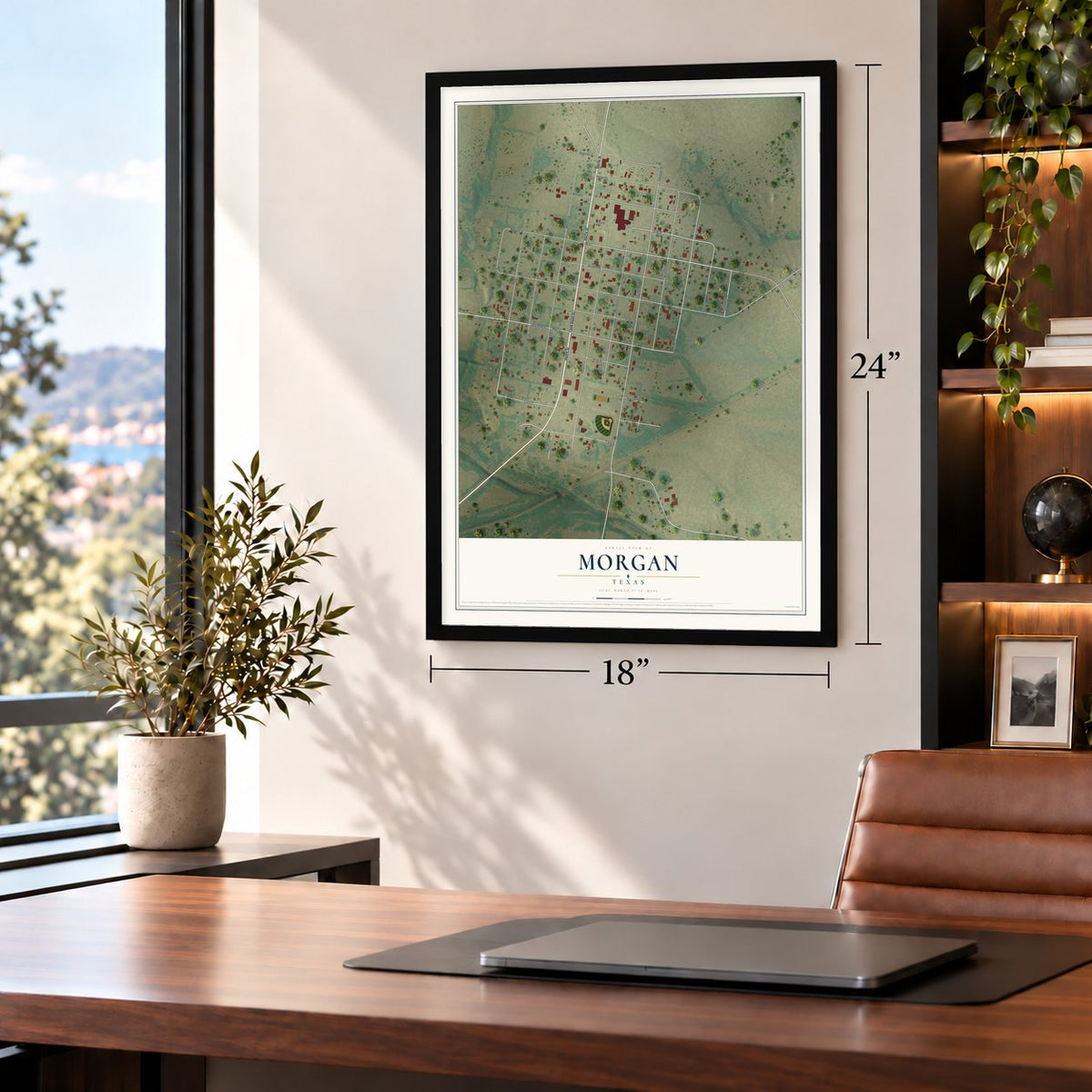 Morgan, Texas map, 18 x 24 inch print in a black frame in a home office