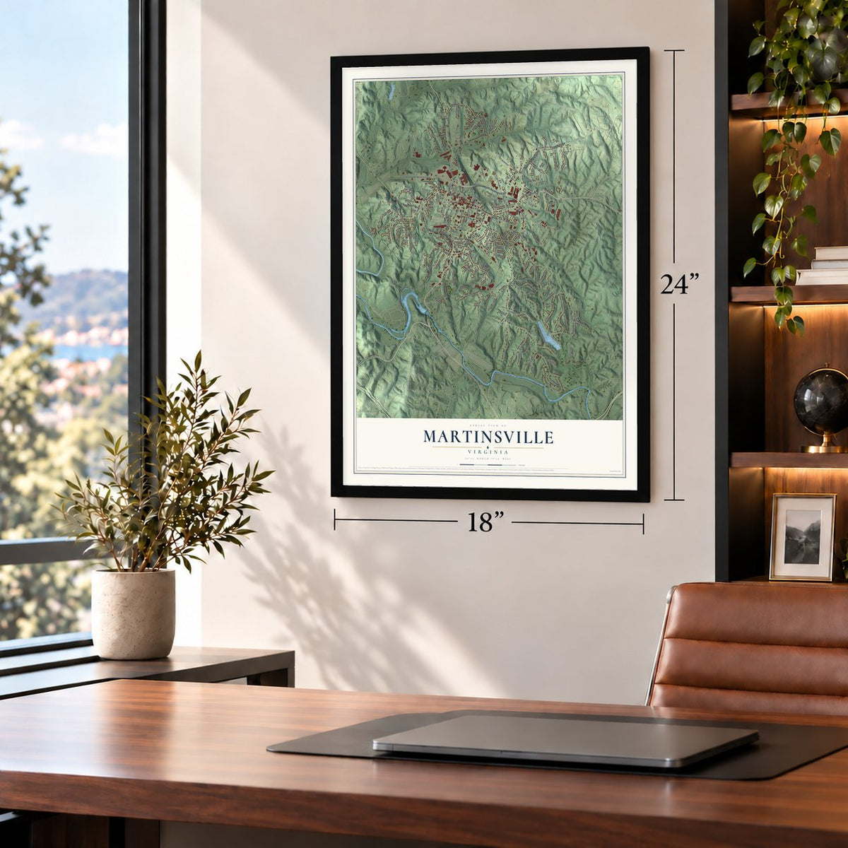 Martinsville, Virginia map, 18 x 24 inch print in a black frame in a home office