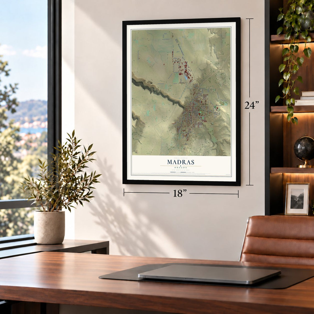 Madras, Oregon map, 18 x 24 inch print in a black frame in a home office