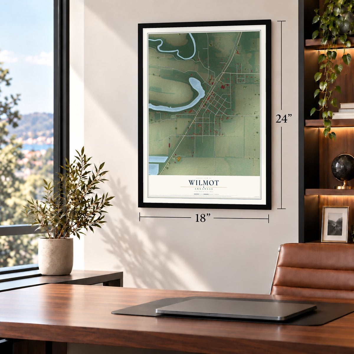 Wilmot, Arkansas map, 18 x 24 inch print in a black frame in a home office