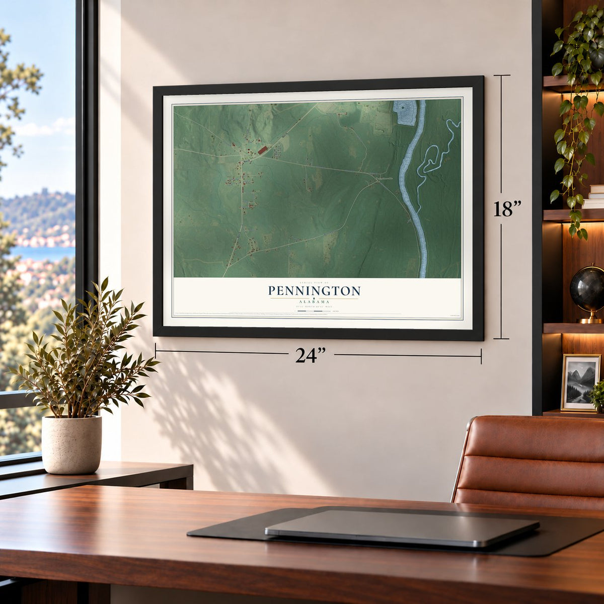 Pennington, Alabama map, 18 x 24 inch print in a black frame in a home office