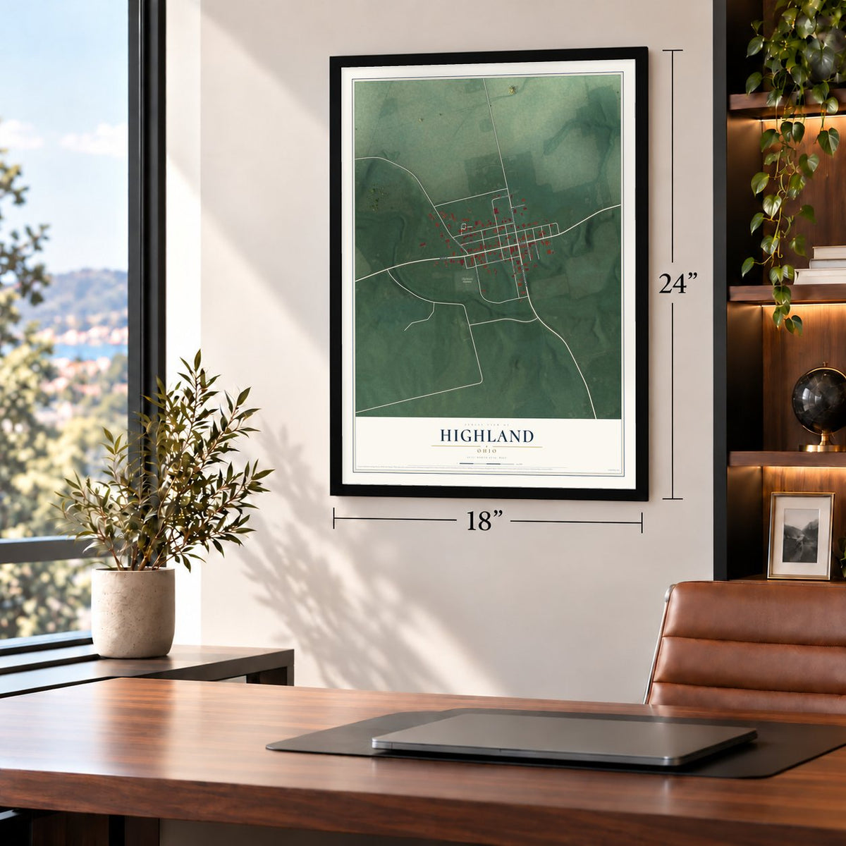 Highland, Ohio map, 18 x 24 inch print in a black frame in a home office