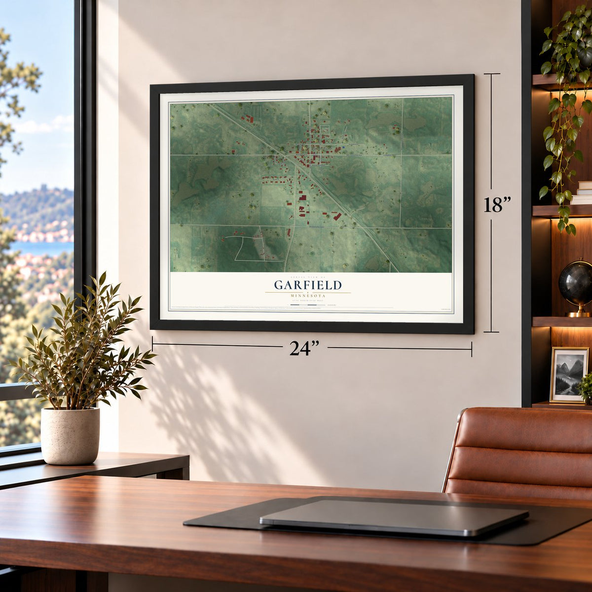 Garfield, Minnesota map, 18 x 24 inch print in a black frame in a home office