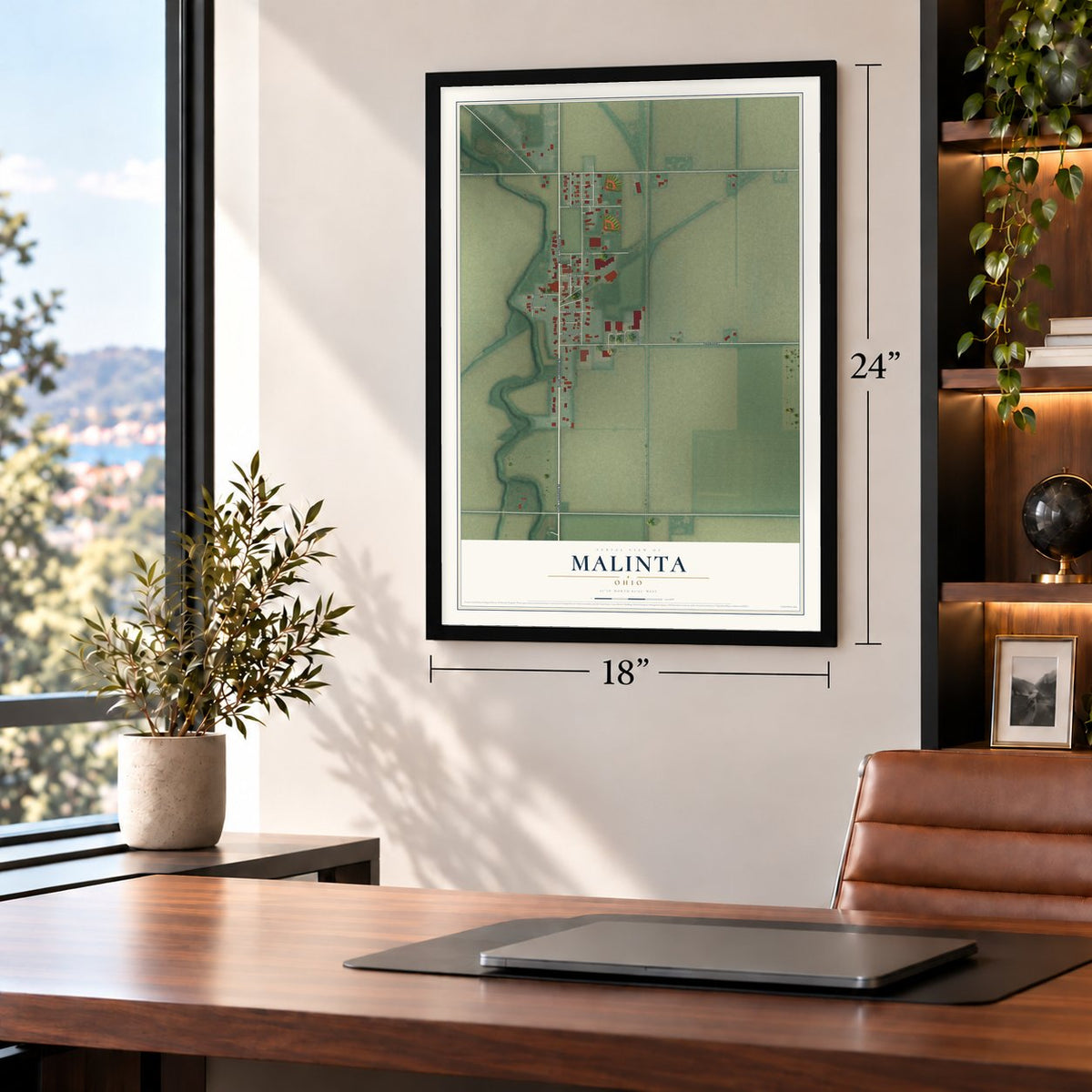 Malinta, Ohio map, 18 x 24 inch print in a black frame in a home office