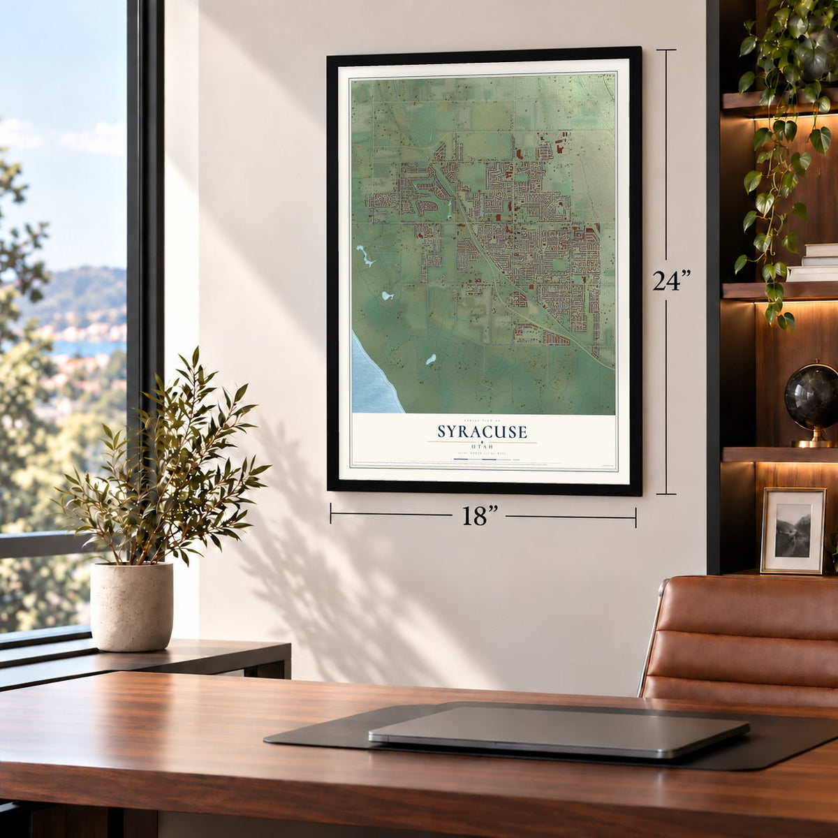 Syracuse, Utah map, 18 x 24 inch print in a black frame in a home office