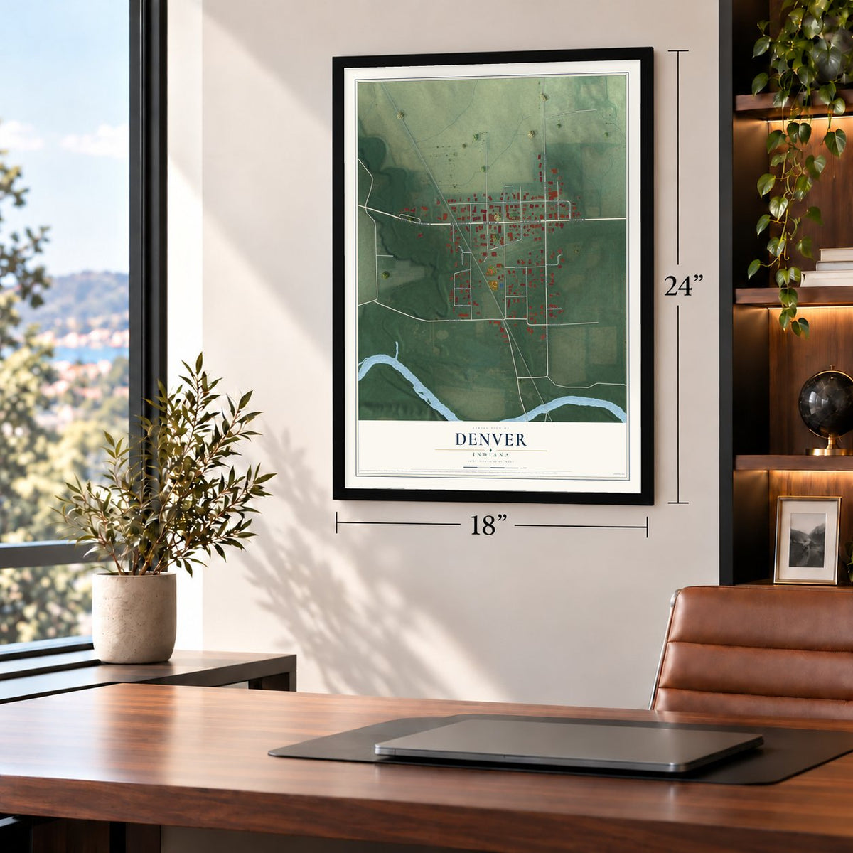 Denver, Indiana map, 18 x 24 inch print in a black frame in a home office
