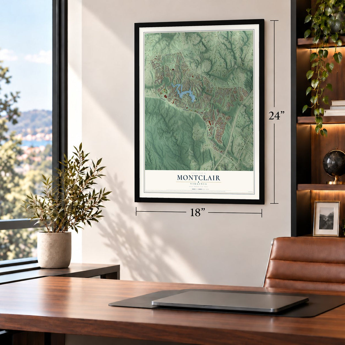 Montclair, Virginia map, 18 x 24 inch print in a black frame in a home office
