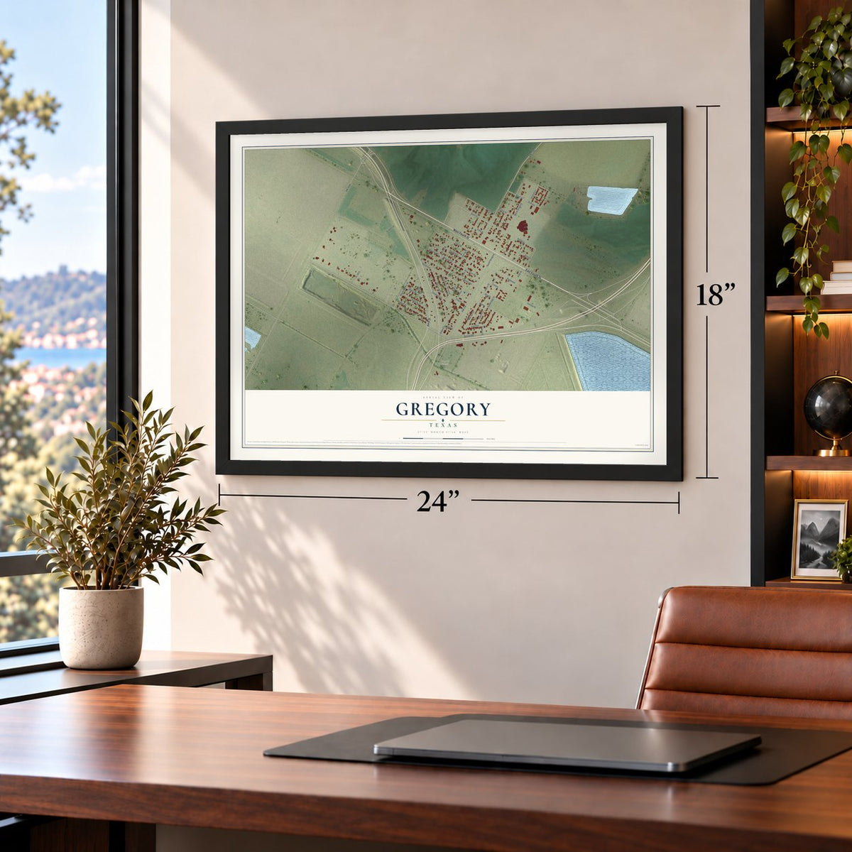 Gregory, Texas map, 18 x 24 inch print in a black frame in a home office