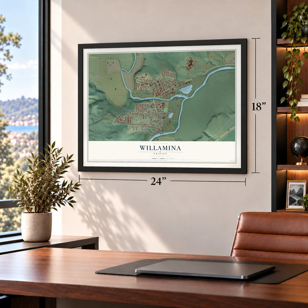 Willamina, Oregon map, 18 x 24 inch print in a black frame in a home office