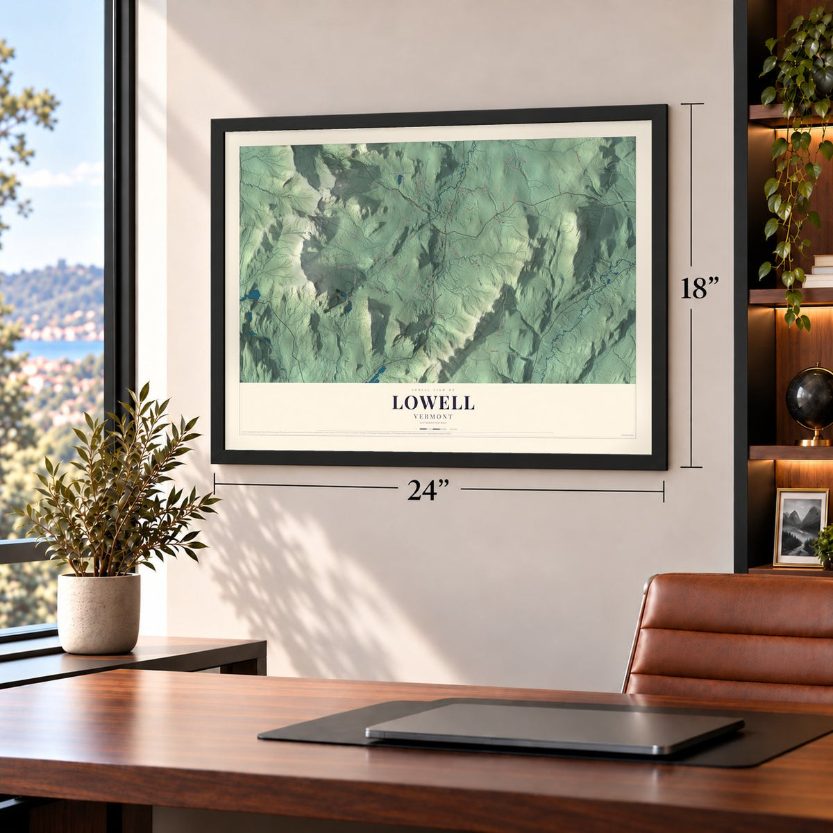 Lowell, Vermont map, 18 x 24 inch print in a black frame in a home office