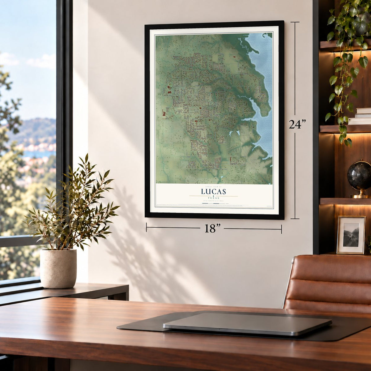 Lucas, Texas map, 18 x 24 inch print in a black frame in a home office
