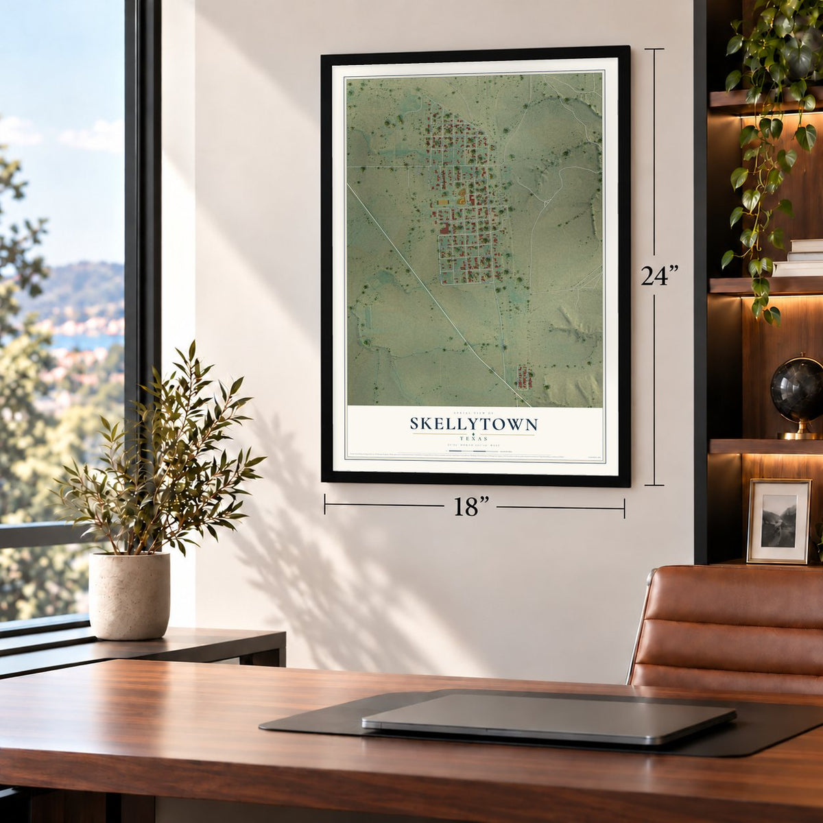 Skellytown, Texas map, 18 x 24 inch print in a black frame in a home office