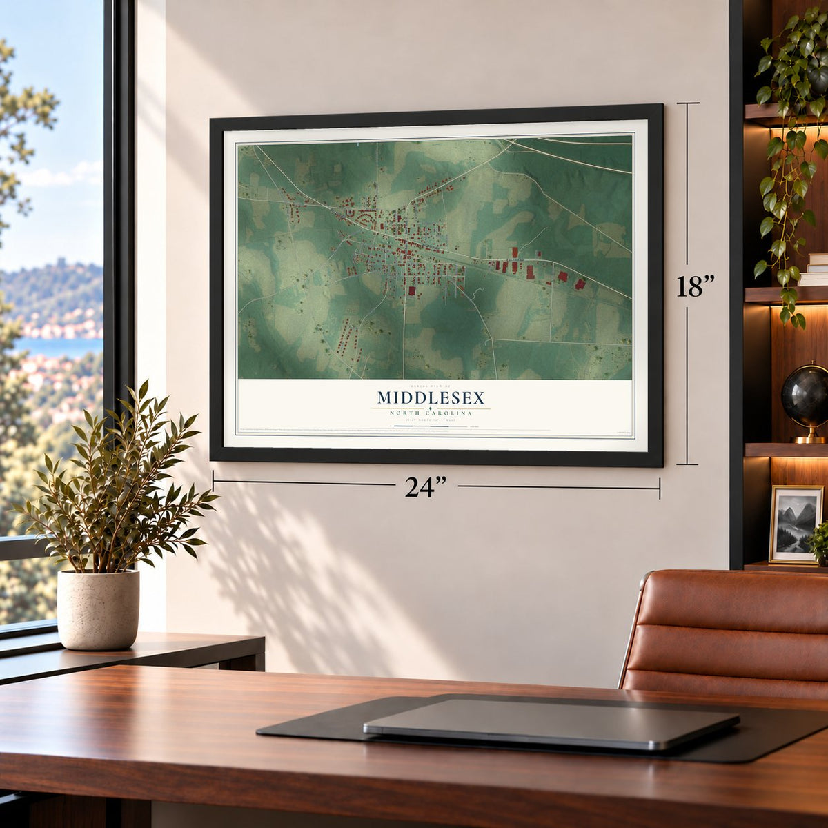 Middlesex, North Carolina map, 18 x 24 inch print in a black frame in a home office