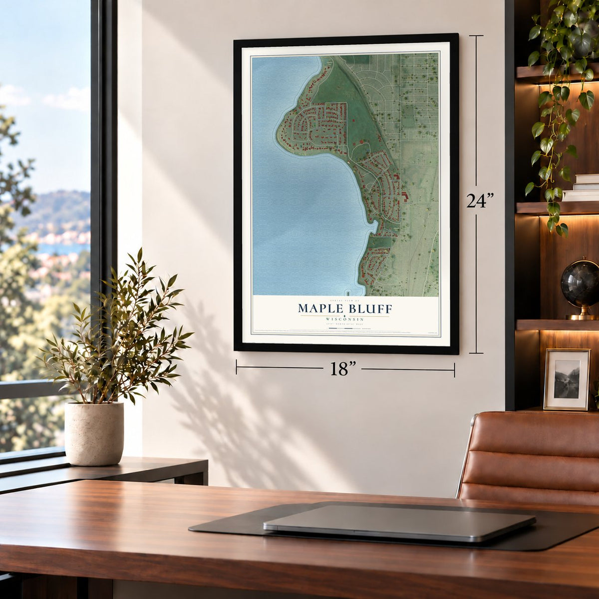 Maple Bluff, Wisconsin map, 18 x 24 inch print in a black frame in a home office