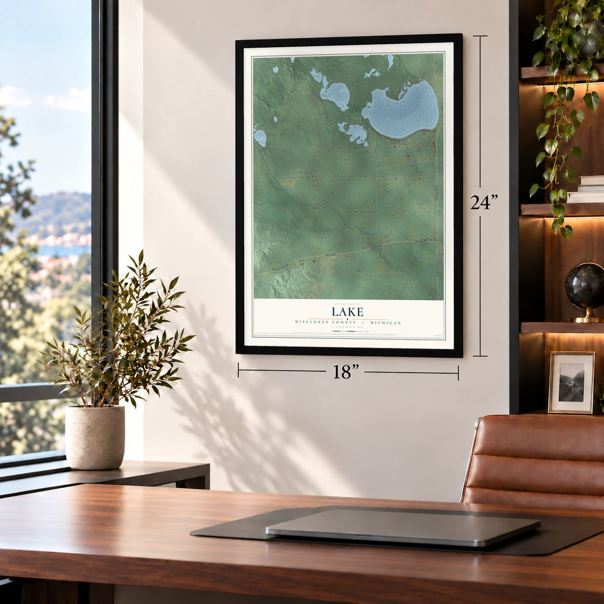 Lake, Missaukee County, Michigan map, 18 x 24 inch print in a black frame in a home office
