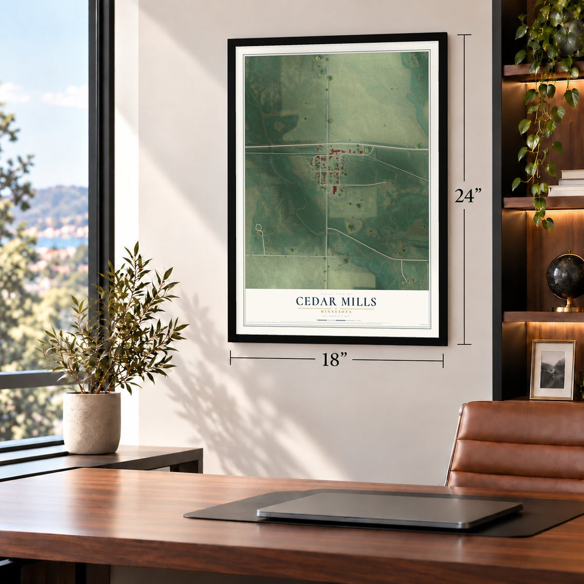 Cedar Mills, Minnesota map, 18 x 24 inch print in a black frame in a home office