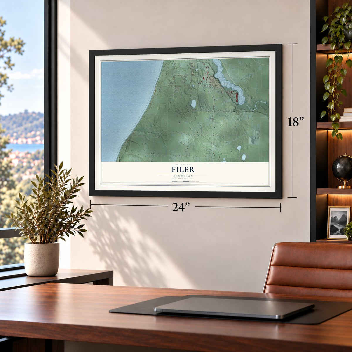 Filer, Michigan map, 18 x 24 inch print in a black frame in a home office