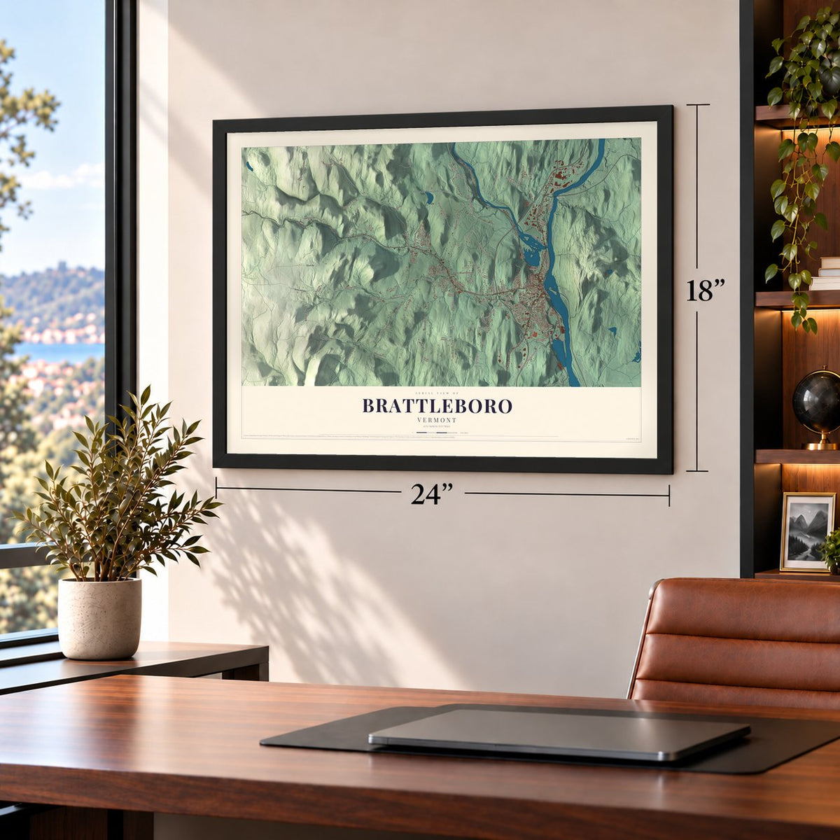 Brattleboro, Vermont map, 18 x 24 inch print in a black frame in a home office