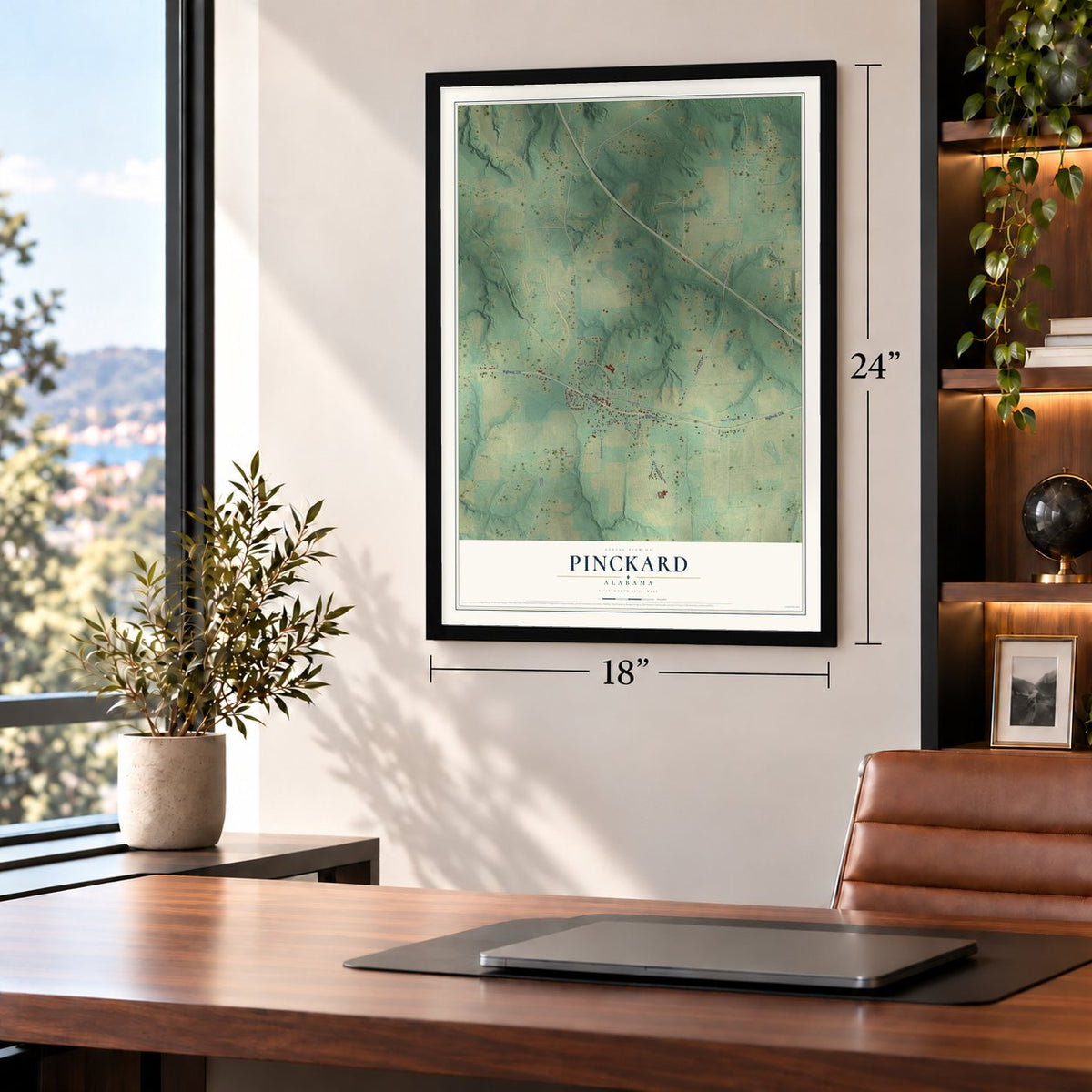 Pinckard, Alabama map, 18 x 24 inch print in a black frame in a home office