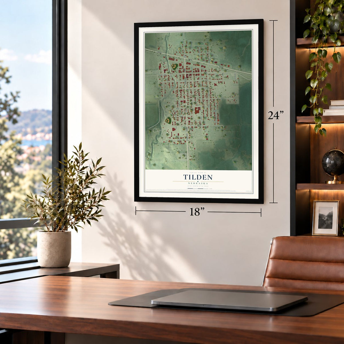 Tilden, Nebraska map, 18 x 24 inch print in a black frame in a home office