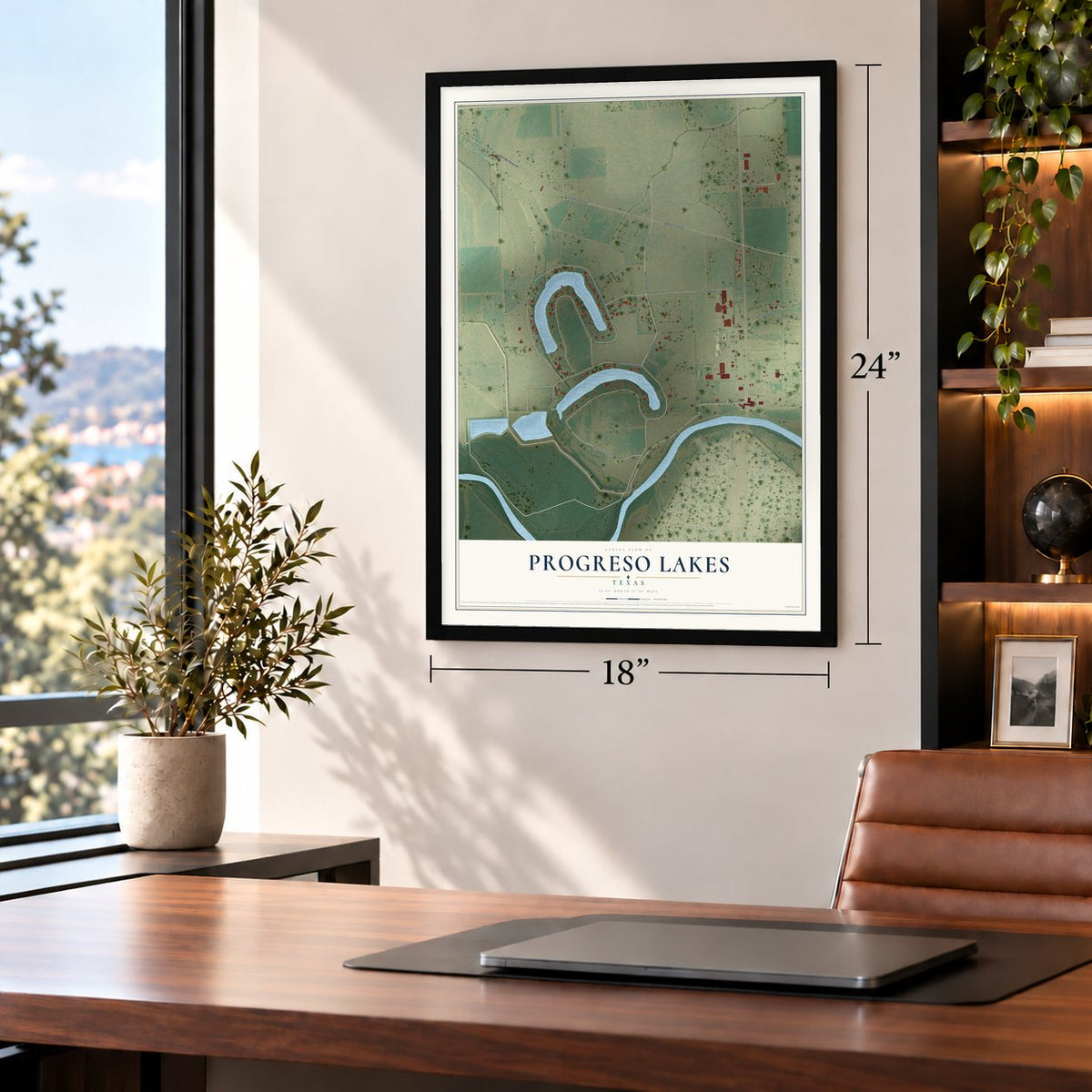 Progreso Lakes, Texas map, 18 x 24 inch print in a black frame in a home office