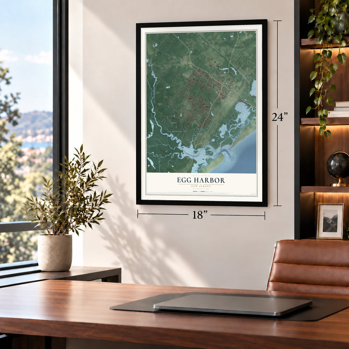 Egg Harbor, New Jersey map, 18 x 24 inch print in a black frame in a home office