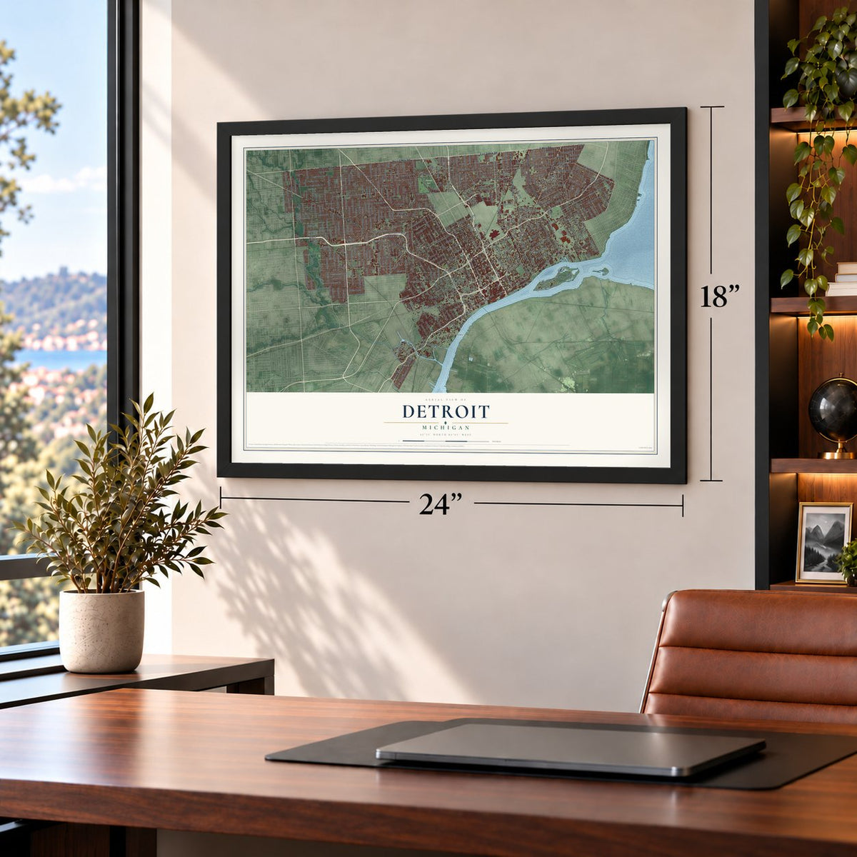 Detroit, Michigan map, 18 x 24 inch print in a black frame in a home office